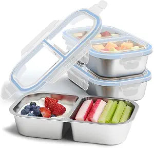 3 Pack Stainless Steel Snack Containers, 2 Compartment Reusable Metal Snack Boxes Containers with Leak-Proof Lids, Compact Lunch Box Food Storage Container