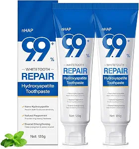 Hydroxyapatite Toothpaste 2PC for Enamel Protection, Contains 9.9% Nano-Hydroxyapatite, Restores Enamel, Reduces Sensitivity, Whitens & Brightens Teeth, Fresh Mint Flavor, Long-Lasting Freshness