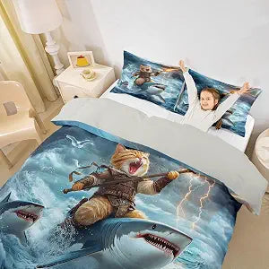 Cool Cat Kids Duvet Cover Set Queen Size,Seagull Shark Sea Ocean Animal Girls Boys Bedding Set,Lighting Art Fantasy Room Decor,Blue Yellow Quilt Cover,2 Pillowcases(No Comforter)
