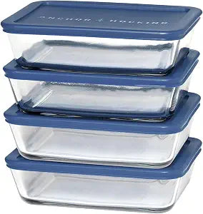 Anchor Hocking SnugFitTM Rectangular Food Storage Containers with Lids (4-Piece, 6-cup, Navy Blue, oven-safe)