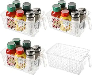 Hedume 4 Pack Plastic Storage Bins with Handle, BPA-Free Kitchen Pantry Cabinet Refrigerator Food Storage Organizer for Snacks, Food, Produce, Pasta