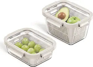 GENICOOK Glass Fruit Storage Containers for Fridge, 2 Set Produce Containers with Removable Colanders & Vent Glass Lids, Airtight Fruit & Vegetable Storage, BPA Free Borosilicate Glass