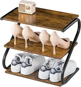 Small Shoe Rack for Entryway Closet, S-Shaped Wooden Shoe Shelf