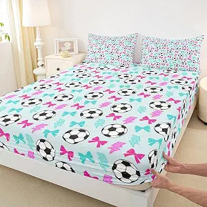 Soccer Kids Twin Size Fitted Sheet,Football Ball Sport Game Competition Boys Girls Bed Sheets,Bowknot Bow Tie Geometric Room Decor,Pink Blue Bedding Set,1 Pillowcase(No Flat)