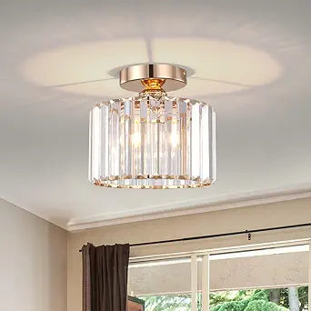 BUXVRCS Semi Flush Mount Modern Chandelier, Crystal Ceiling Light Fixture, Small Close to Ceiling Light for Living Room, Bedroom, Hallway, Bathroom, Kitchen, Entryway (Gold)