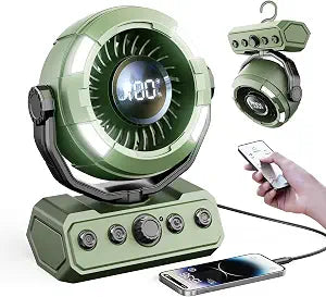 KIMMOO 20000mAh Camping Fan with Light, 80Hrs Max Cooling, 100 Speeds, Portable Fan Rechargeable with Hook, Remote, Timer, 180 Oscillation, Battery Powered for Outdoor Tent Beach Travel BBQ (Green)