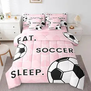 Erosebridal Pink Football Bed in A Bag 7 Pcs Black White Soccer Comforter Set for Kids Boys Girls Fashion Soccer Field Bedding Sets Full Girly Football Ball Games Sheet Set with Comforter