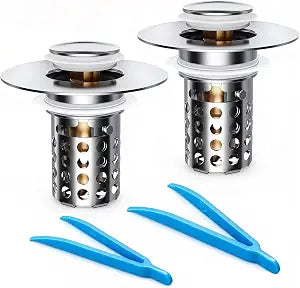 Beruth Bathroom Sink Stopper Hair Catcher, 304 Stainless Steel Pop Up Drain Strainer for 1.1''~2.36'' Basin, Upgraded Silent & Odor-Proof Design, Removable Filter Basket & Easy Install2 Pcs