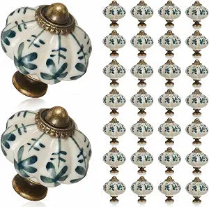 Wenqik 30 Pcs Ivory Pumpkin Knobs, Vintage Cabinet Knobs, Green Floral