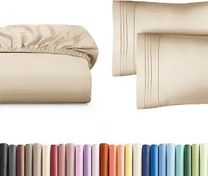 Twin XL Size Fitted Bed Sheet + 2 Pillowcases Bundle - Hotel Luxury Single Fitted Bottom Sheet Only - Fits Mattresses w/ Deep Pockets up to 16 inches - Ultra Soft, Breathable & Wrinkle Free - Wheat