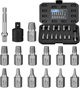 STREBITO Screw Extractor Set, 15PCS Cr-Mo Steel Easy Out Bolt Extractor Set | Hex Adapter, Socket Adapter, Stripped Screw Extractor Set for Broken, Damaged, Rounded Bolts, Nuts, Screws