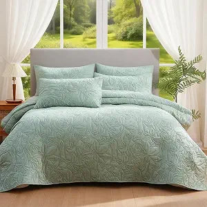 Quilts king Size Bedding set Sage Green Bedspreads 3 Pieces (1 Quilt, 2 Pillow Shams) Soft Bed Summer/Fall Lightweight Breathable Bedspread Comforter Modern style Plant and Flower for All Season
