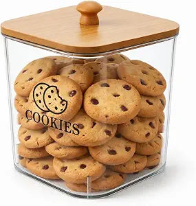 Cookie Jars with Wooden Lids Airtight, 2L Plastic Cookie Tin, Wide Mouth Candy Jar, Kitchen Counter Food Storage Container, Cute Jar for Gift Giving, BPA-Free, Clear