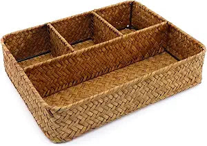 Nonam 4-Section Seagrass Tea Bag Organizer,Wicker Divided Basket,Natural