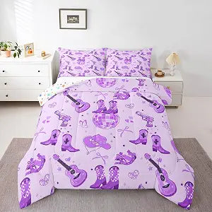 Western Cowgirl Kids Bedding Sets Purple Bowknot Hat Boots Print Reversible Comforter for Boys Southwest Cowboy Music Guitar Quilt Set Soft Duvet Insert,1 Pillowcase Toddler Size