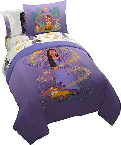 Disney Wish Full Comforter Set - 7 Piece Bed Set Includes Sheet Set & Pillow Covers - Super Soft Kids Bedding Features Asha, Valentino & Star