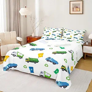 Garbage Truck Sheet Set Kids Twin Size Cartoon Car Bedding Set for Boys Teens Girls Room Decor Child Soft White Green Blue Bed Sheet Waste Management Recycling Vehicles Fitted + Flat Sheet 3Pcs