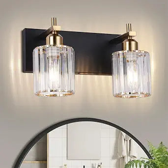 Black and Gold Bathroom Vanity Lights, 2-Light Crystal Bathroom Light Fixtures Over Mirror, 14 Inch Modern Farmhouse Vanity Light, Brass Gold Wall Sconces for Bath Mirror Kitchen Hallway Cabinet