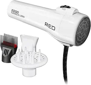 Red by Kiss Handle-Less Ceramic Tourmaline Hair Dryer, 1875W Ergonomic Grip, White, Includes 3 Attachments, For Detangling, Straightening, and Frizz-Free Shine