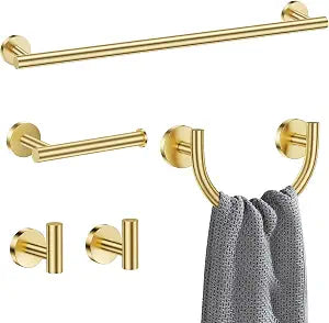 5-Piece Bathroom Hardware Accessories Set,Brushed Gold Towel Bar Set with Smiley Face Towel Rings, Stainless Steel Wall-Mounted Towel Holder Set for Bathroom,23.6 Inch