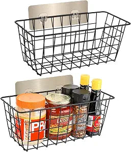 2 Pack Hanging Wall Basket Wire Storage Baskets, Adhesive Basket for Cabinet Door Organizer No Drilling, Hanging Fruit Baskets for Kitchen, Pantry Organization, Bathroom, Black