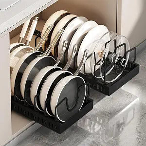 AmoiChic 2 Pack Pull Out Cabinet Organizer for Pots and Pans, Black Storage Rack with 8 Adjustable Dividers, Kitchen Cabinet Organizer for Pot Lids, Bakeware, Dishes Storage