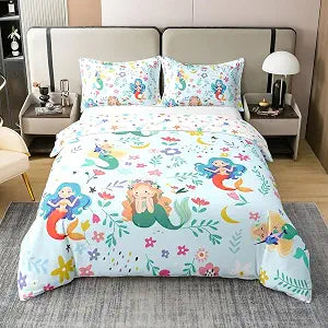 Full Size Duvet Cover Set Cartoon Mermaid Comforter Cover Set 100% Pure Cotton Kawaii Floral Leaves Duvet Cover Set (No Filler) Cute Sealife Animals Blue Bedding Set 3 Pcs