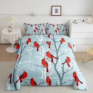 Feelyou Red Bird Comforter Winter Birds Bedding Set Nature Animal Printed Comforter Set for Kids Boys Girls Farmhouse Country Duvet Set Room Decor Quilt Twin Size Boys