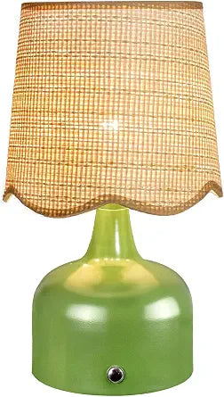 Cordless Boho Table Lamp Green, Scalloped Wicker Shade, 5200-mAh Rechargeable Battery, 3-Way Dimmable, Build-in Integrated LED 320 Lumen Max, for Bedside Living Room