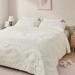 Boho Queen Comforter Set Beige with Sheets, 3 Pieces Tufted Queen Comforter Sets Boho Bedding Cream Soft Warm Neutral Comforter Sets for All Seasons