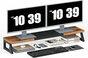 HOOBRO Dual Monitor Stand Riser, 39 Inch Large Computer Monitor Stand for 2 Monitors, Computer Monitor Riser, Desk Shelf Organizer for Office Desk, Accessories, Rustic Brown and Black BF121CJ01