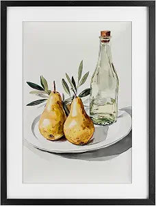 Pears and Bottle Still Life Platter, 14 x 20 Inch Framed Print Under Glass