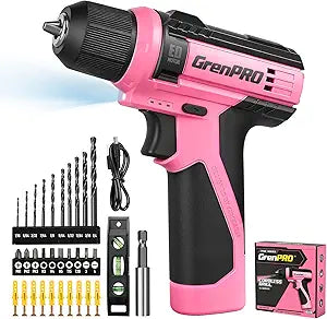 GRENPRO 8V Pink Cordless Drill Set for Women 43-Piece Accessory Kit