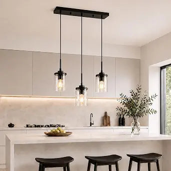 3-Light Pendant Light Fixtures, Modern Black Pendant Lights Kitchen Island, Adjustable Kitchen Island Lighting with Clear Glass Shade, Hanging Light Fixtures for Dining Room, Bedroom, Hallway