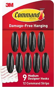 Command Medium Black Designer Hooks, 9 Hooks, 12 Strips