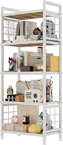 GIOTORENT 5-Tier Pantry Shelves with Wooden Boards, Heavy Duty Storage Shelves & Book Shelf, Adjustable Metal Shelving Unit for Kitchen Bathroom Laundry Organizer, Sturdy Rust-Resistant, White
