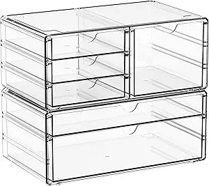 Yieach 2 Pack Acrylic Drawer Organizer With 6 Drawers,Stackable 11.1 Large Clear Storage Drawers and Makeup Organizer For Vanity,Bathroom Countertop,Cabinet,Pantry,Office Supply Storage Bins Drawers