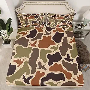 Erosebridal Duck Hunting Fitted Sheet Queen Size Army Camo Bed Sheets Camouflage Military Bedding Set for Kids Girls Boys Wild Woodland Farmhouse Sheets