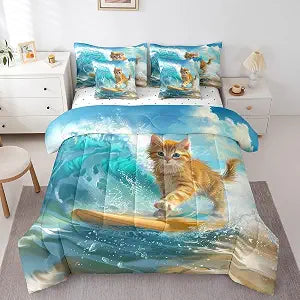 Erosebridal Cat Comforter Set, Surfing Beach Bedding, Full 7 Pieces