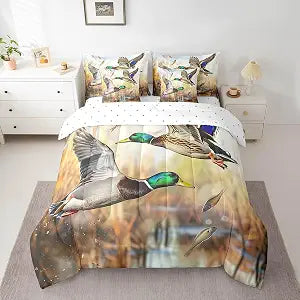 Feelyou Mallard Duck King Comforter Set with Sheets Duck Hunting Themed 7 Pieces Bedding Set for Kids Boys Girls Rustic Natural Lake Scenery Bed in a Bag Hunting and Fishing Bed Set Brown Reed