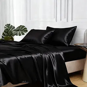 MR&HM Satin Sheets Queen Size with Elastic Corner Straps, Black