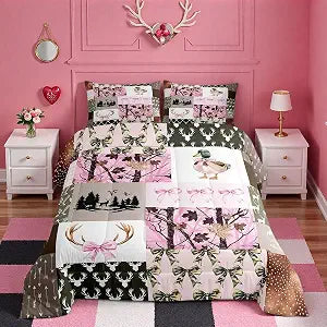 Feelyou Hunting Pink Girls Bedding Set Full Size,Mallard Duck Pink Bow Comforter Set for Kids Teens Room Camo Decor Farmhouse Rustic Bed Set