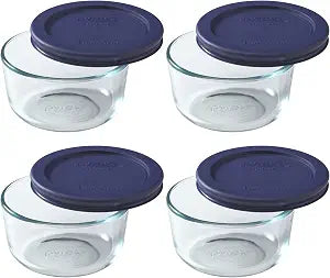 Pyrex 7202 (1-Cup) Glass Bowl with Dark Blue Lid (4-Pack) - Made in USA