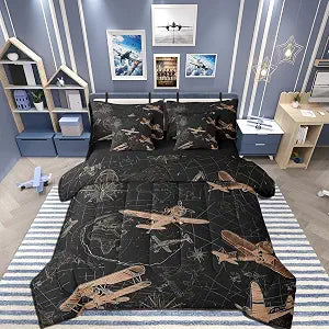Feelyou Aircraft Comforter Set with Sheets 7 Piece Full Size Airplane Print Bed in a Bag Kids Boys Girls Aircraft Flying Bedding Set Helicopter Flying Plane Bedroom Decor Black Breathable