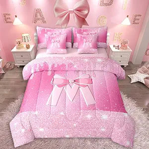 Feelyou Pink Bow Comforter Set with Sheets 7 Piece Twin Size Initials Decor