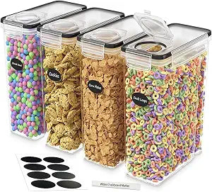 DWLLZA KITCHEN Cereal Containers Storage 4L Set of 4 Airtight Food Storage Containers with Lids Cereal Dispenser Countertop Pantry Organization Canister for Rice Flour & Sugar 1 Marker 8 Labels