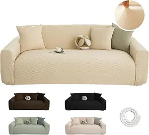 Stretch Couch Covers, Couch Covers for 3 Cushion Couch Sofa pet Friendly, Washable, Furniture Protector Sofa with Elastic Bottom for Cats, Dogs (Puff Grid - Apricot, 3 Seats)