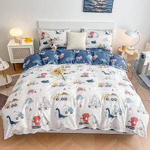 Dinosaur Duvet Cover Set Twin Size, 100% Cotton Bedding, Cartoon Jurassic Animal Truck Construction Print on White, 1 Cute Comforter Cover with Zipper 2 Pillowcases for Kids Teens Boys Girls