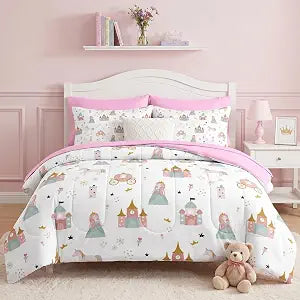 Pamnest Twin Comforter Set for Girls, 5 Pieces Princess Castle Bedding Set