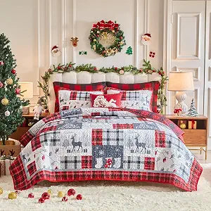 Christmas Patchwork Quilt Set King Size 101 * 88 Red Black Plaid with White Gray Deers Socks Candy Snowflake Christmas New Year Style Microfiber Winter Warm Bedding Coverlet Bedspread Holiday Design